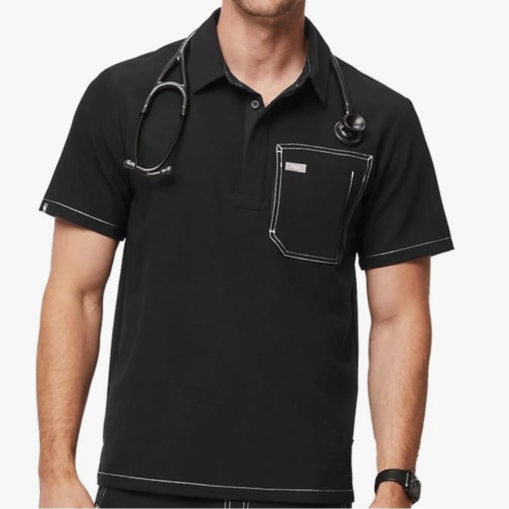 New, FIGS Black Lima Shortsleeve Cargo Scrub Polo Shirt- Men Size M